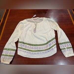 Tory Burch Embroidered Cream Blouse with Green and Purple Accents